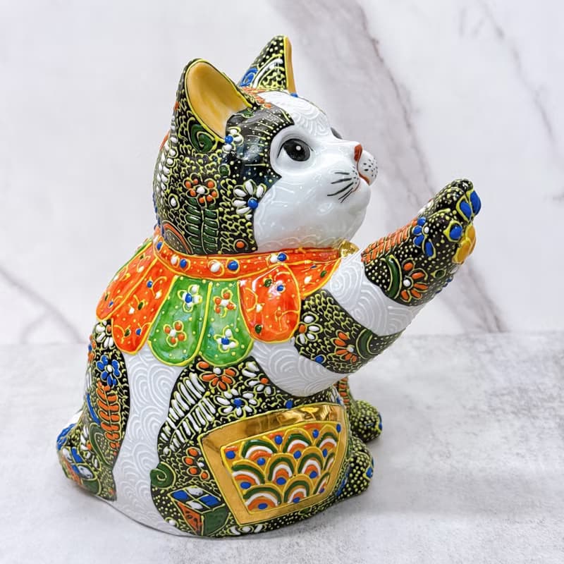 【開運招財】日本九谷燒招財貓 |  黑盛小紋 6.5號