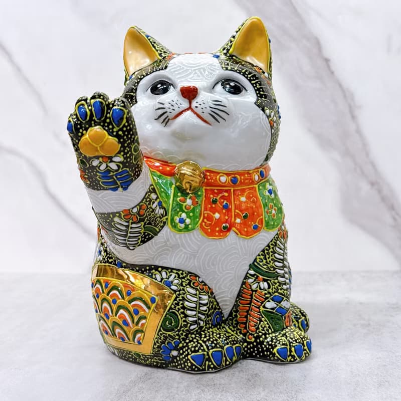 【開運招財】日本九谷燒招財貓 |  黑盛小紋 6.5號