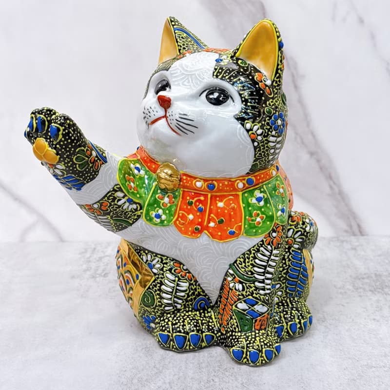 【開運招財】日本九谷燒招財貓 |  黑盛小紋 6.5號