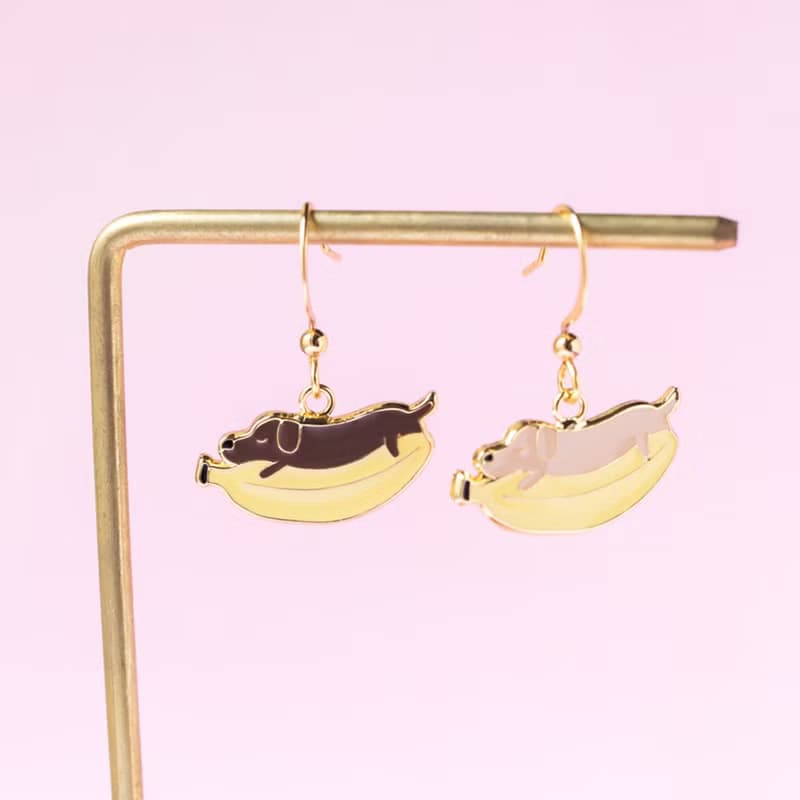 臘腸狗的香蕉吊床 Dachshund 仲夏之月  夾式 耳環 生日禮物 狗狗