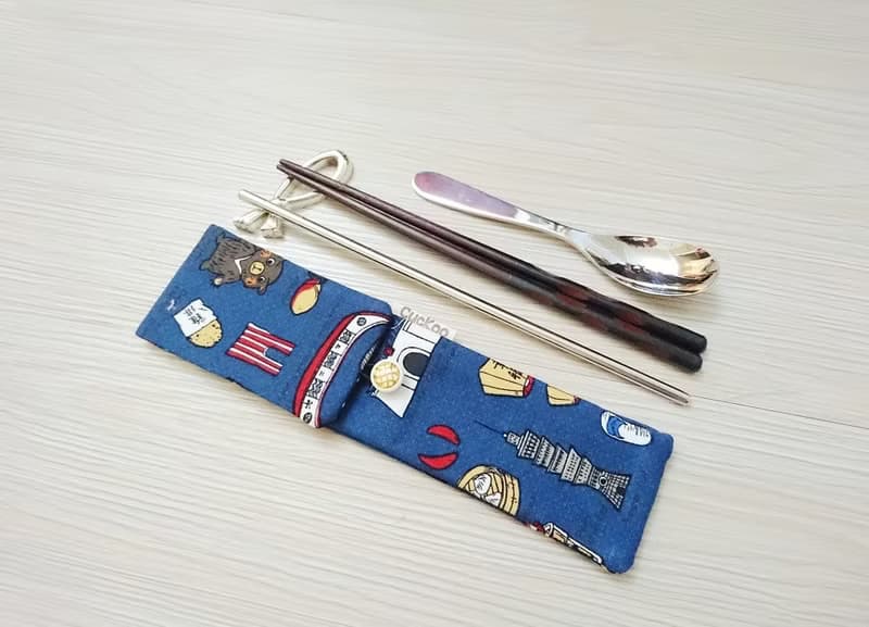環保餐具收納袋 餐具套 台灣特色與小吃 藍色款