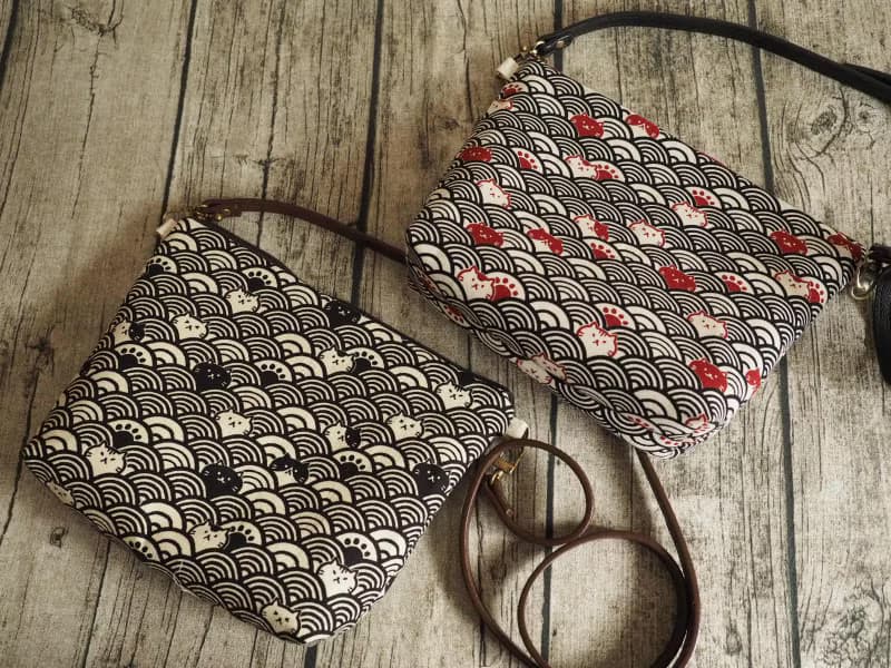 手工縫製 和風波浪躲貓貓圖案 托特側肩包帆布手袋化妝包