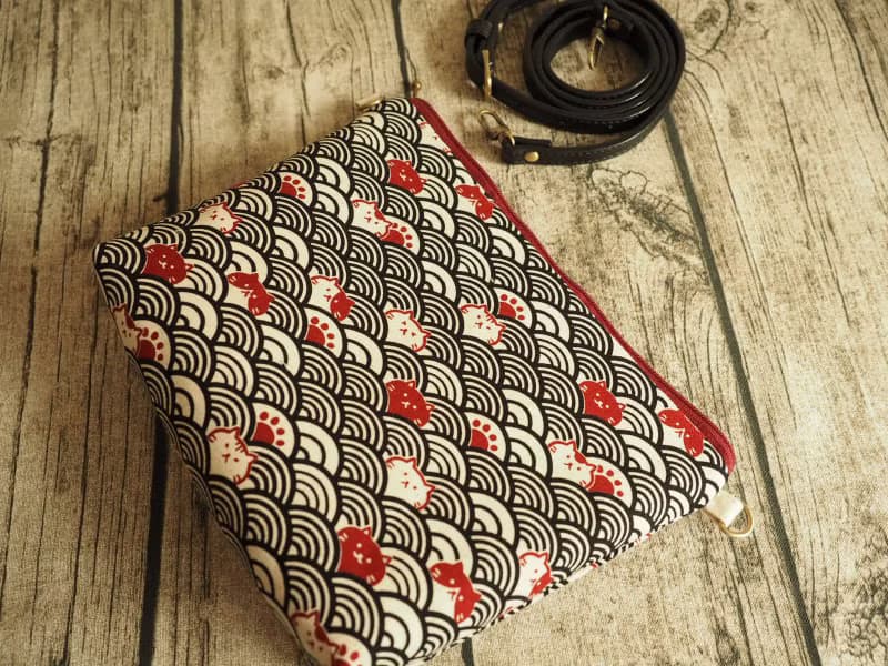 手工縫製 和風波浪躲貓貓圖案 托特側肩包帆布手袋化妝包