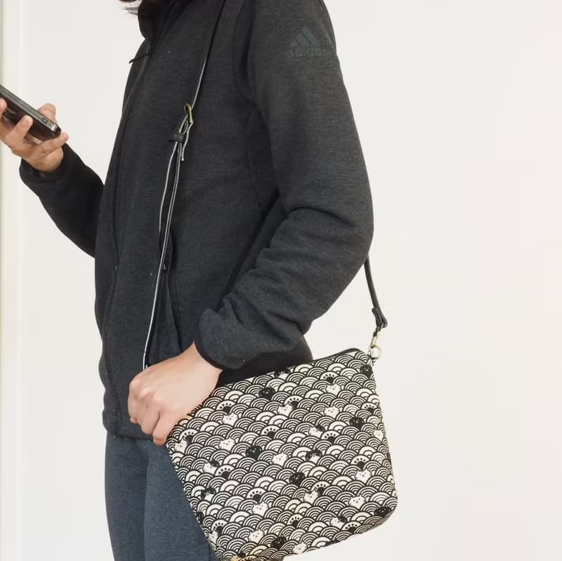 手工縫製 和風波浪躲貓貓圖案 托特側肩包帆布手袋化妝包