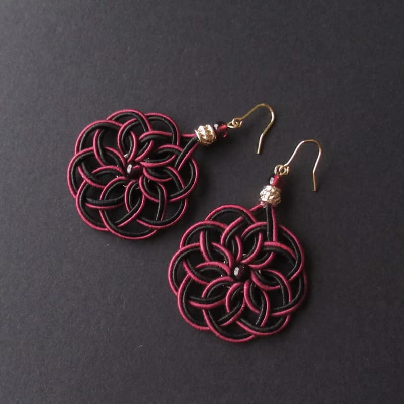 雙顆石榴石 手作水引耳環 曼荼羅結