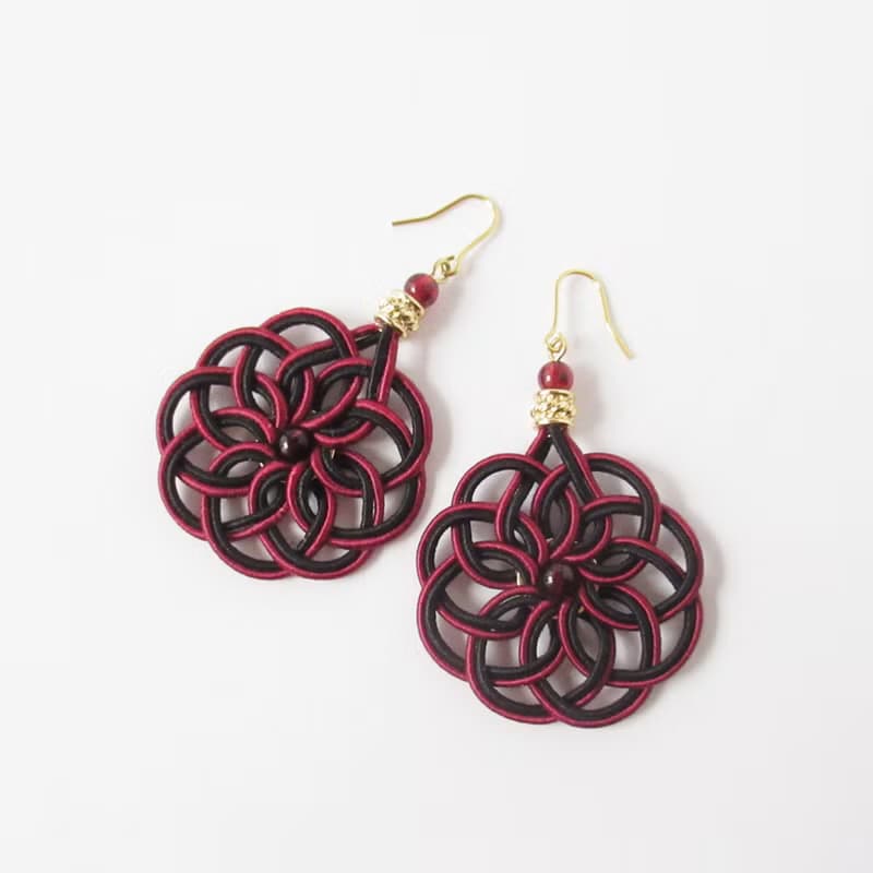 雙顆石榴石 手作水引耳環 曼荼羅結
