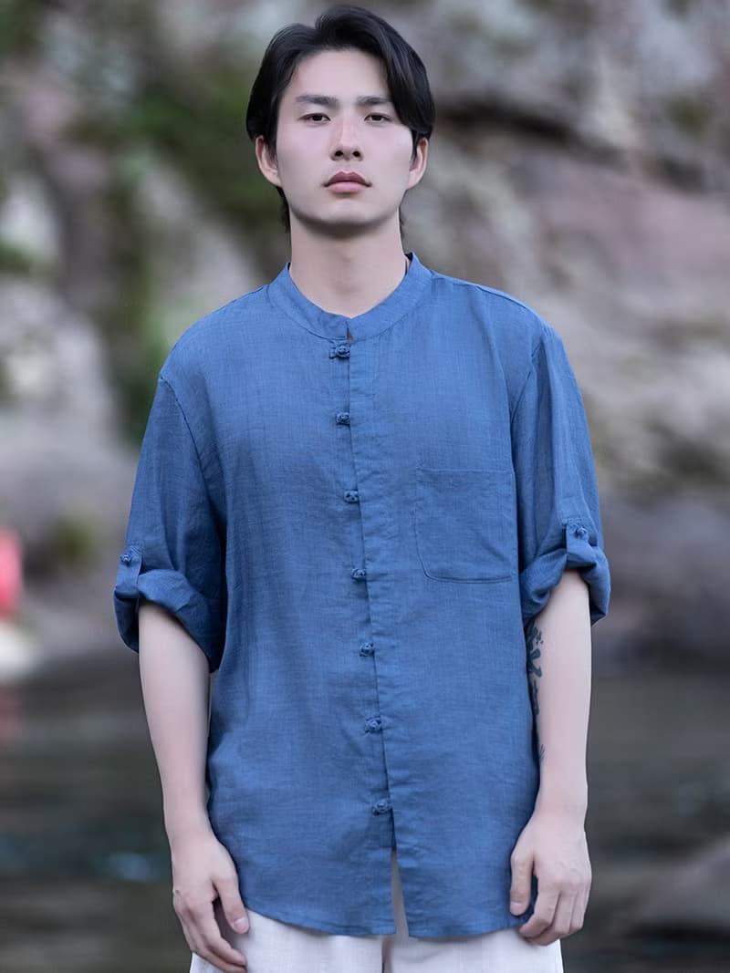 新中式復古 立領100%苧麻盤扣襯衫