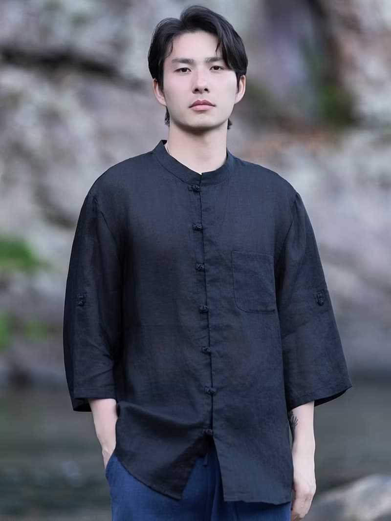 新中式復古 立領100%苧麻盤扣襯衫