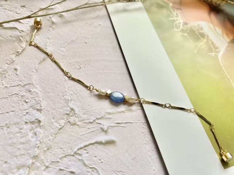 橢圓藍晶石和淡水珍珠手鍊 天然石手鍊 淡水珍珠手鍊 天然石飾品