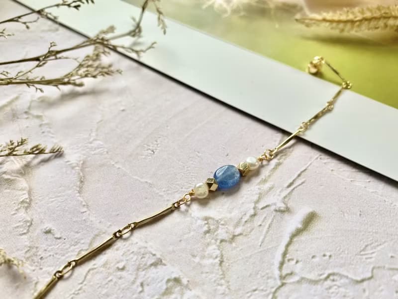 橢圓藍晶石和淡水珍珠手鍊 天然石手鍊 淡水珍珠手鍊 天然石飾品