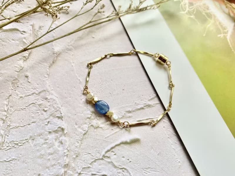 橢圓藍晶石和淡水珍珠手鍊 天然石手鍊 淡水珍珠手鍊 天然石飾品