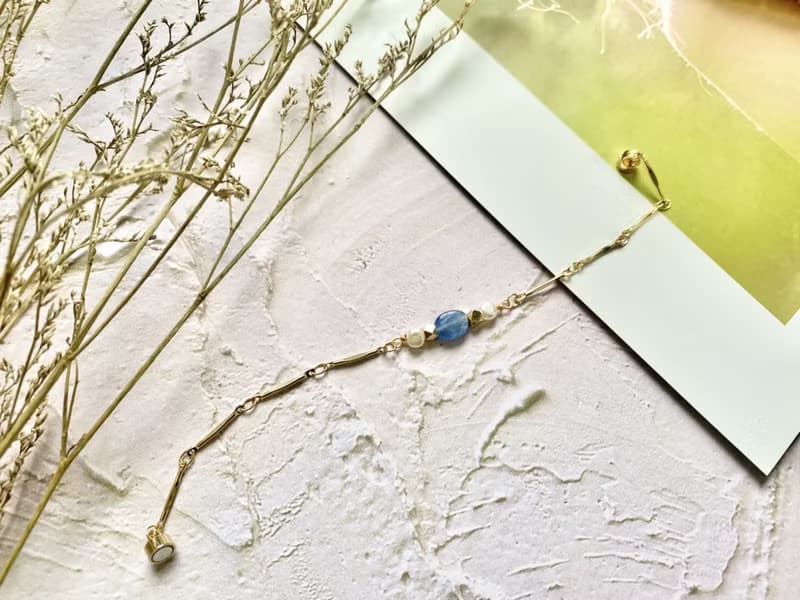 橢圓藍晶石和淡水珍珠手鍊 天然石手鍊 淡水珍珠手鍊 天然石飾品