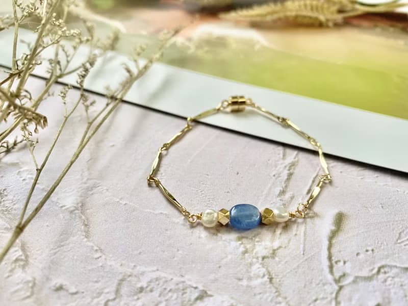 橢圓藍晶石和淡水珍珠手鍊 天然石手鍊 淡水珍珠手鍊 天然石飾品