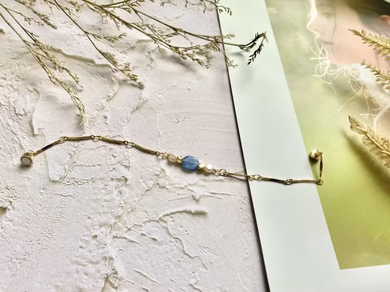 橢圓藍晶石和淡水珍珠手鍊 天然石手鍊 淡水珍珠手鍊 天然石飾品