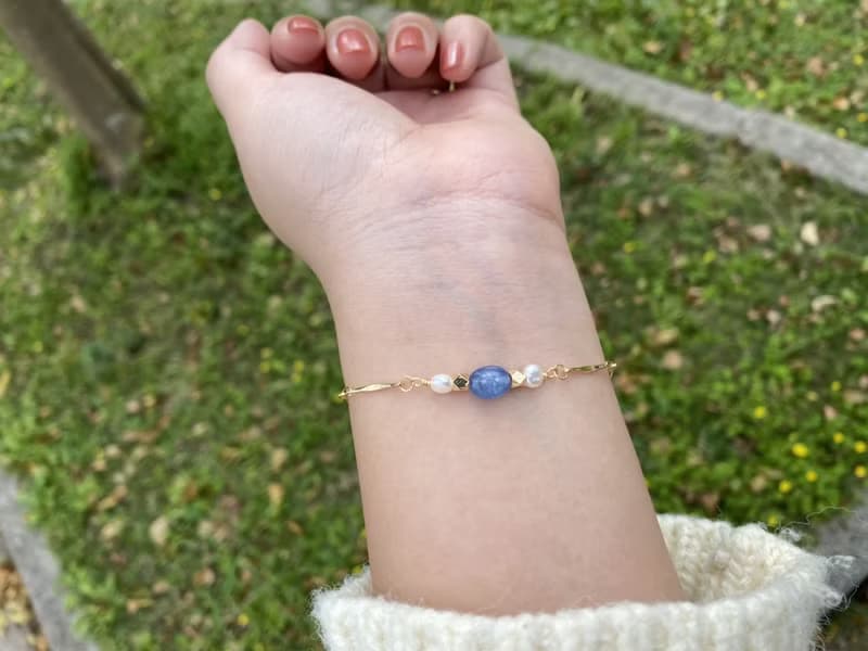 橢圓藍晶石和淡水珍珠手鍊 天然石手鍊 淡水珍珠手鍊 天然石飾品