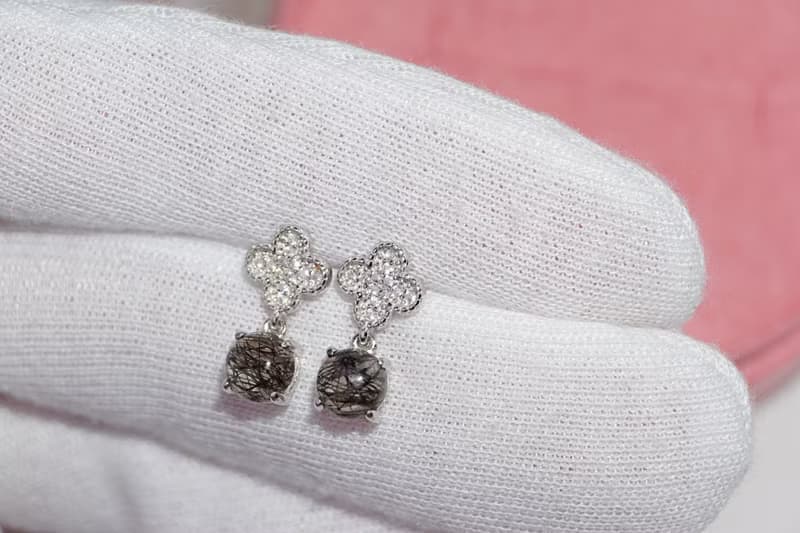 Natural Black Rutilated Quartz SterlingSilver 925 Drop Earrings, Flower earrings