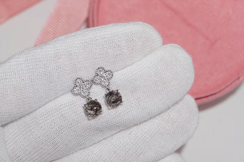 Natural Black Rutilated Quartz SterlingSilver 925 Drop Earrings, Flower earrings