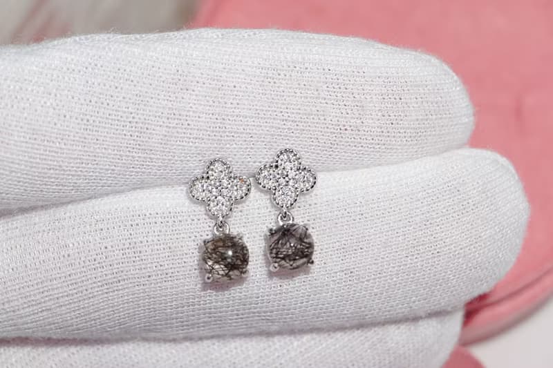 Natural Black Rutilated Quartz SterlingSilver 925 Drop Earrings, Flower earrings