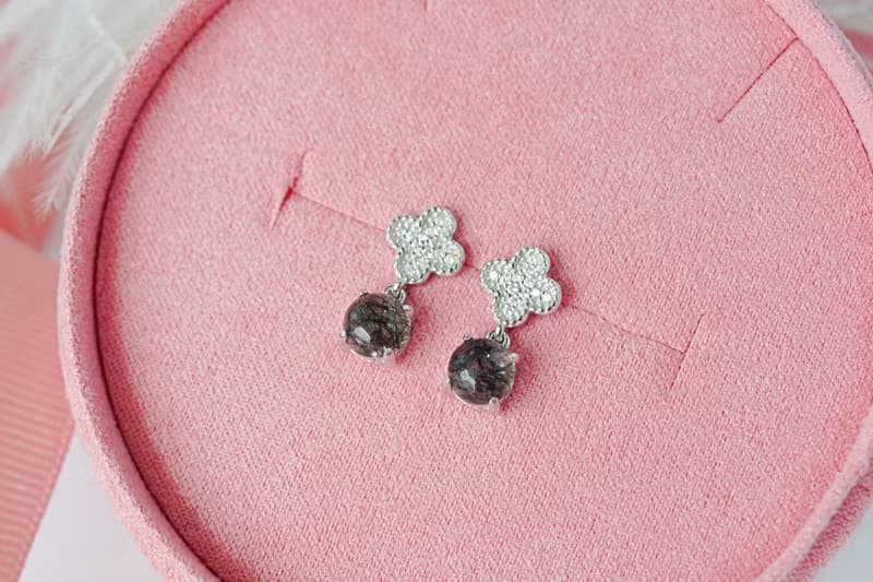 Natural Black Rutilated Quartz SterlingSilver 925 Drop Earrings, Flower earrings
