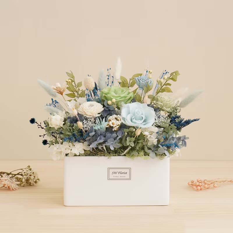 淺藍色天藍色-寧靜湖畔-乾燥花盆栽-開幕盆栽-喬遷禮物