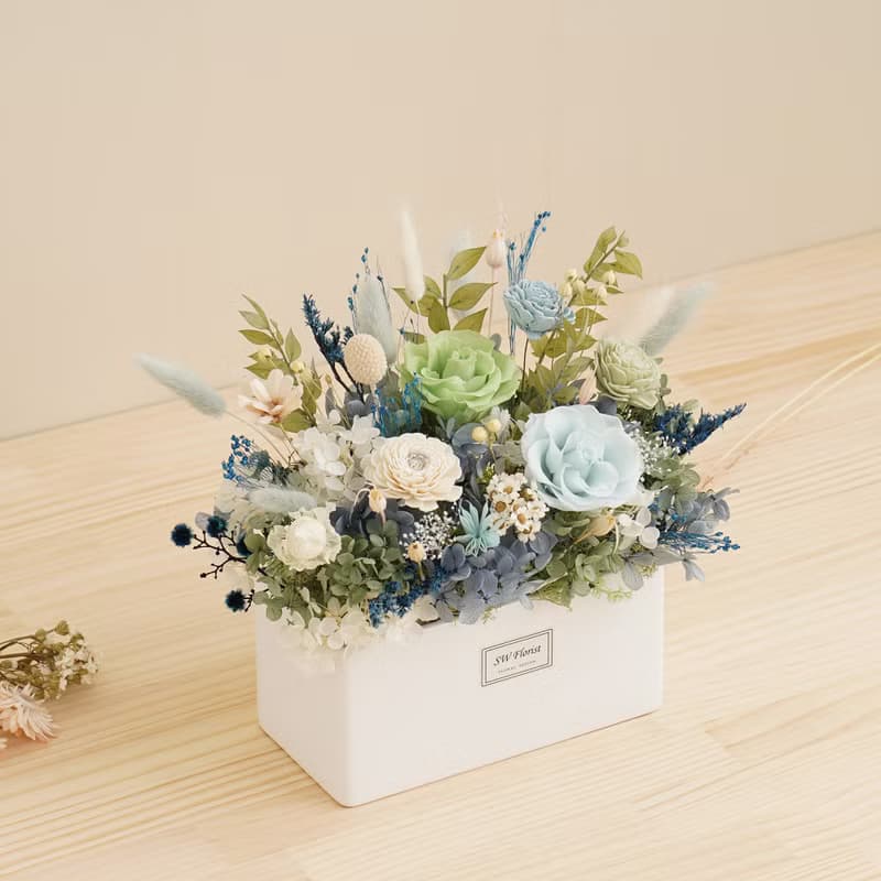 淺藍色天藍色-寧靜湖畔-乾燥花盆栽-開幕盆栽-喬遷禮物