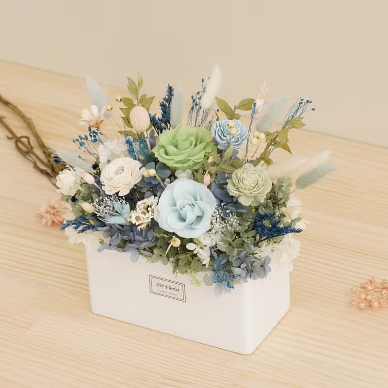 淺藍色天藍色-寧靜湖畔-乾燥花盆栽-開幕盆栽-喬遷禮物