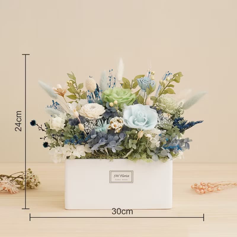 淺藍色天藍色-寧靜湖畔-乾燥花盆栽-開幕盆栽-喬遷禮物