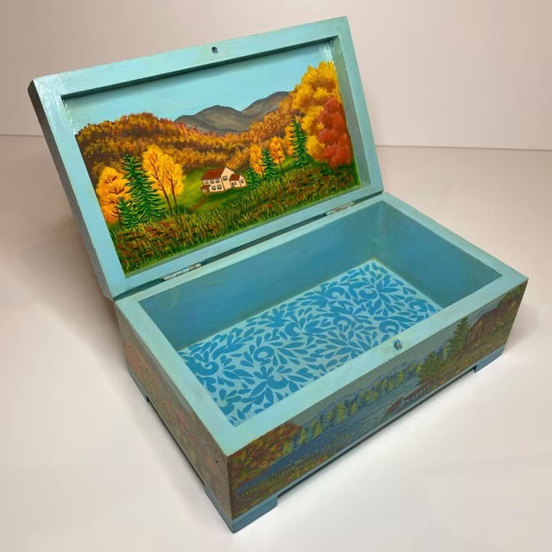 Box Autumn Season, storage wooden interior decor, nature painting, home office