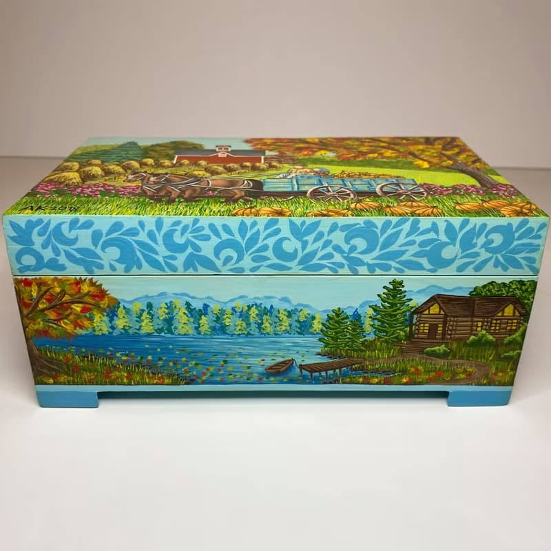 Box Autumn Season, storage wooden interior decor, nature painting, home office