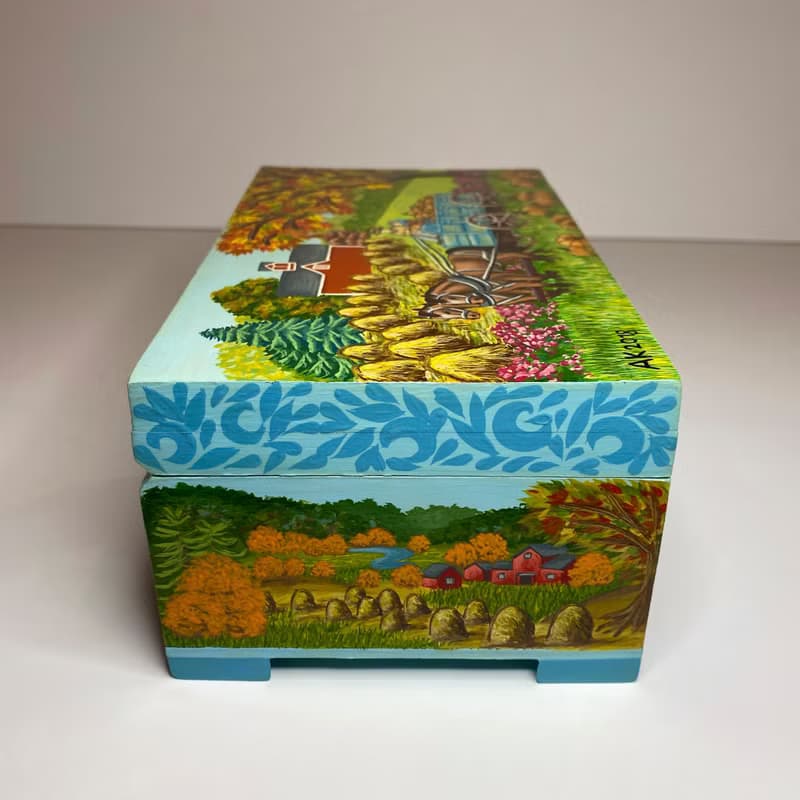 Box Autumn Season, storage wooden interior decor, nature painting, home office