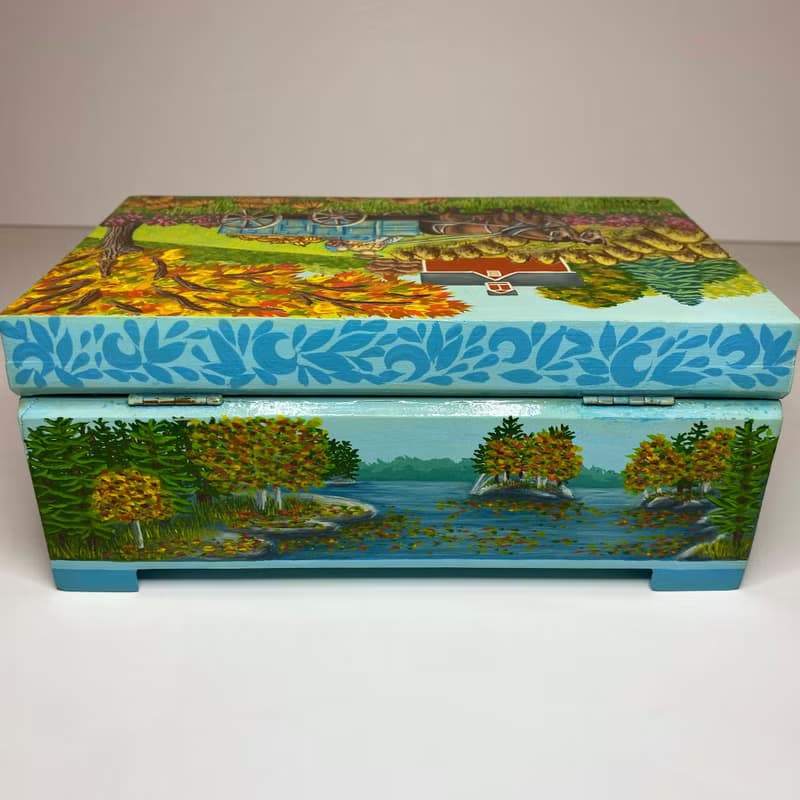 Box Autumn Season, storage wooden interior decor, nature painting, home office