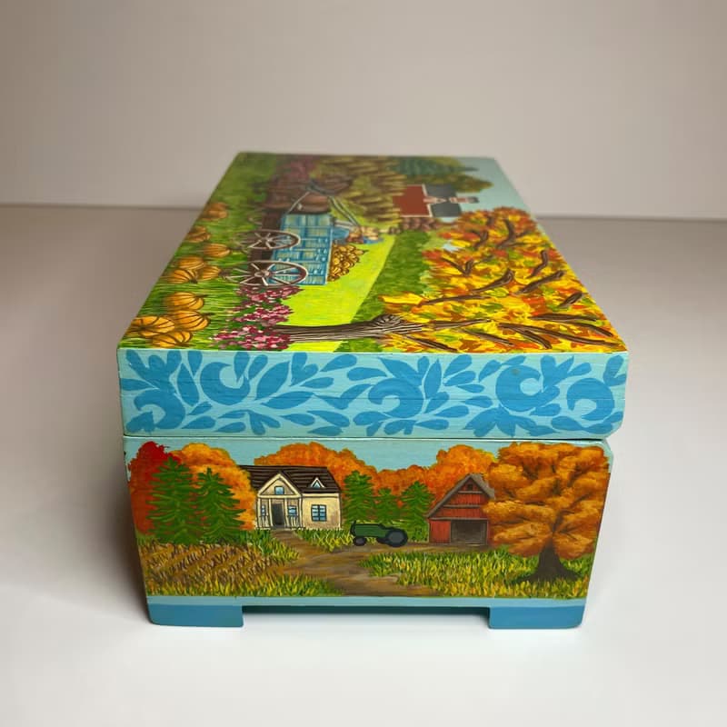 Box Autumn Season, storage wooden interior decor, nature painting, home office