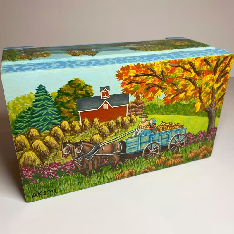 Box Autumn Season, storage wooden interior decor, nature painting, home office