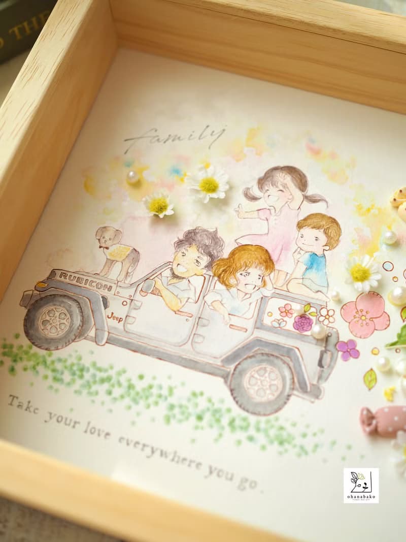 【ファミリーウェルカムボード・特別な日のお祝い】プリザーブドフラワー・ドライフラワーと水彩画の花ミクストメディアフレームA4サイズ-どこに行ってもあなたの愛を-