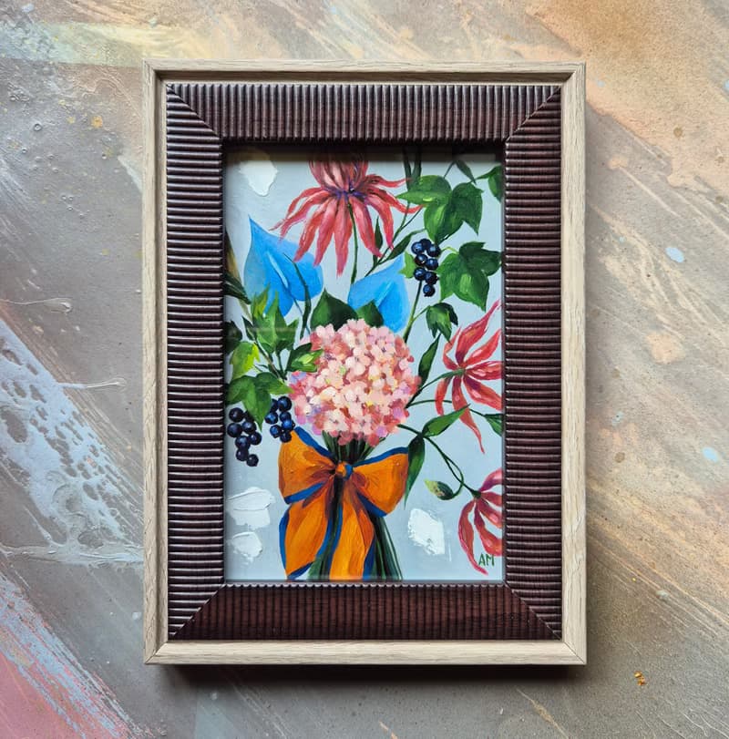 Small original cute bouquet of artwork hand painted oil painting framed _011