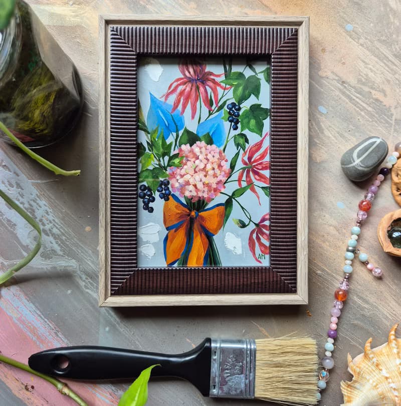 Small original cute bouquet of artwork hand painted oil painting framed _011