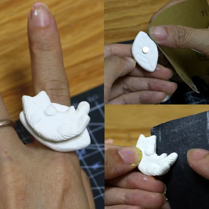 【躺倒落葉堆的挪威森林貓】插畫師手作粘土旋轉戒指