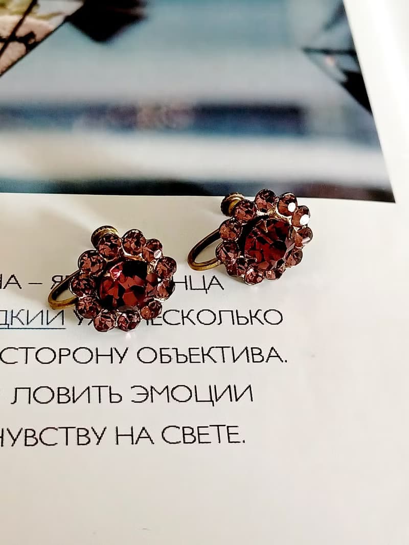vintage jewelry  古董紫色萊茵太陽花 夾式耳環