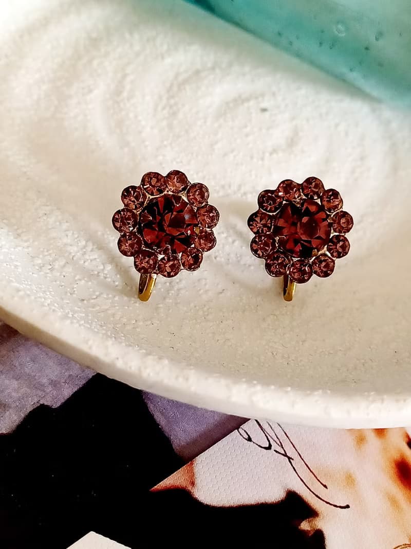 vintage jewelry  古董紫色萊茵太陽花 夾式耳環