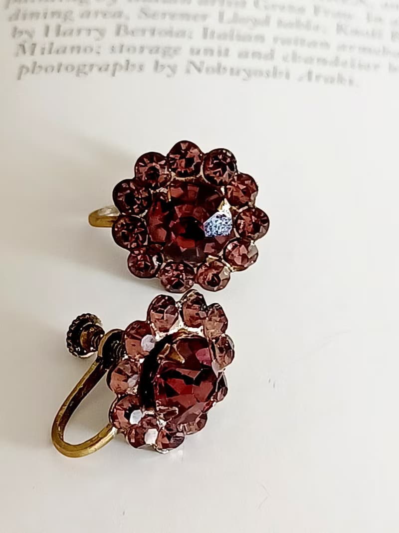 vintage jewelry  古董紫色萊茵太陽花 夾式耳環