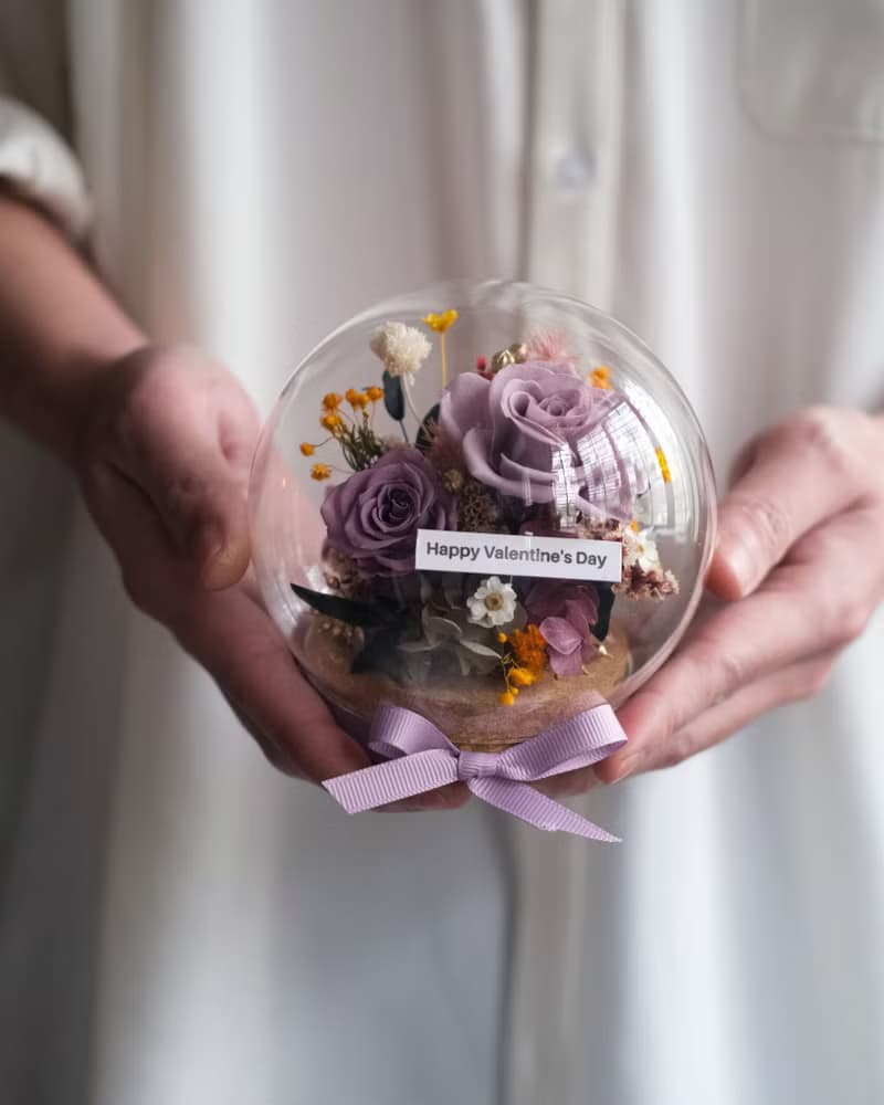 永生花/乾燥花圓球玻璃盅/薰衣草紫/生日禮物/刻字/