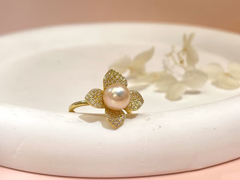 花朵 天然海水珍珠 akoya 羽黃金 S925銀 滿鑲 戒指