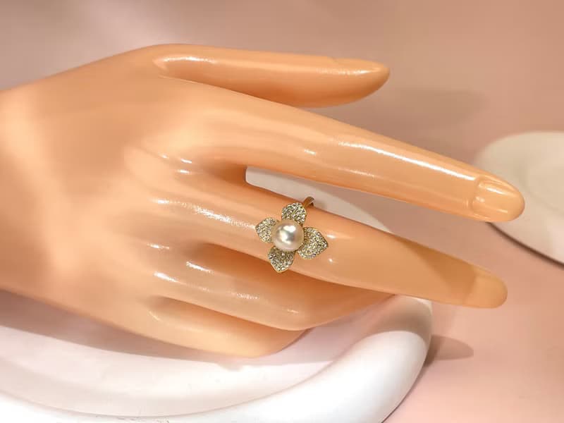 花朵 天然海水珍珠 akoya 羽黃金 S925銀 滿鑲 戒指