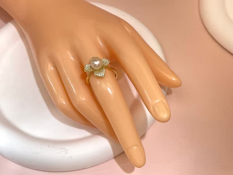 花朵 天然海水珍珠 akoya 羽黃金 S925銀 滿鑲 戒指