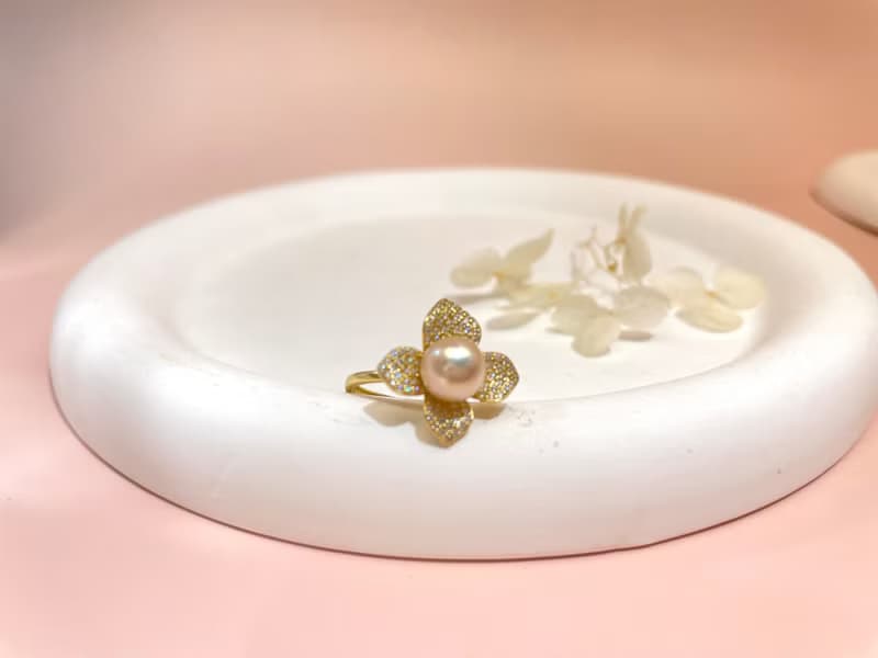 花朵 天然海水珍珠 akoya 羽黃金 S925銀 滿鑲 戒指