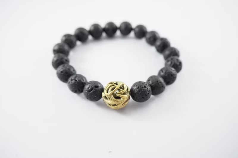 Horn bead 10 mm.Lava stone bracelet in brass ,men jewelry 