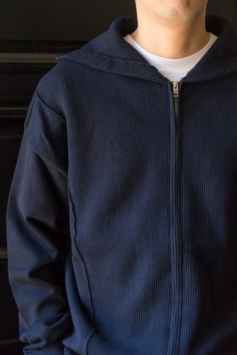 KNIT 高級質感藏青針織拉鏈連帽外套 冬季保暖單品復古細節毛衣