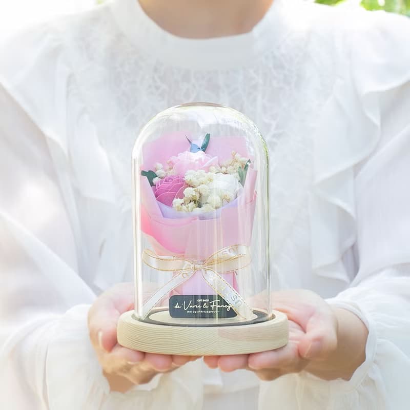 デバリエ ソープフラワー フラワードーム 薔薇 花束 天然木 ガラス 誕生日プレゼント 女性 花 彼女 デバリエオリジナル  hi-01-pas