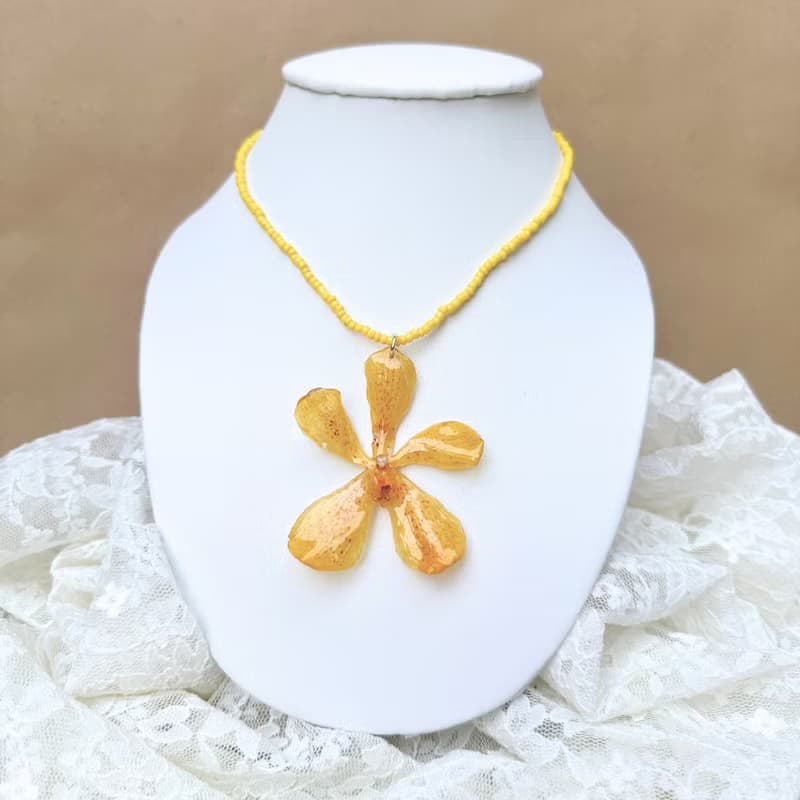 Yellow Mokara Orchid Necklace and Yellow Bead Necklace