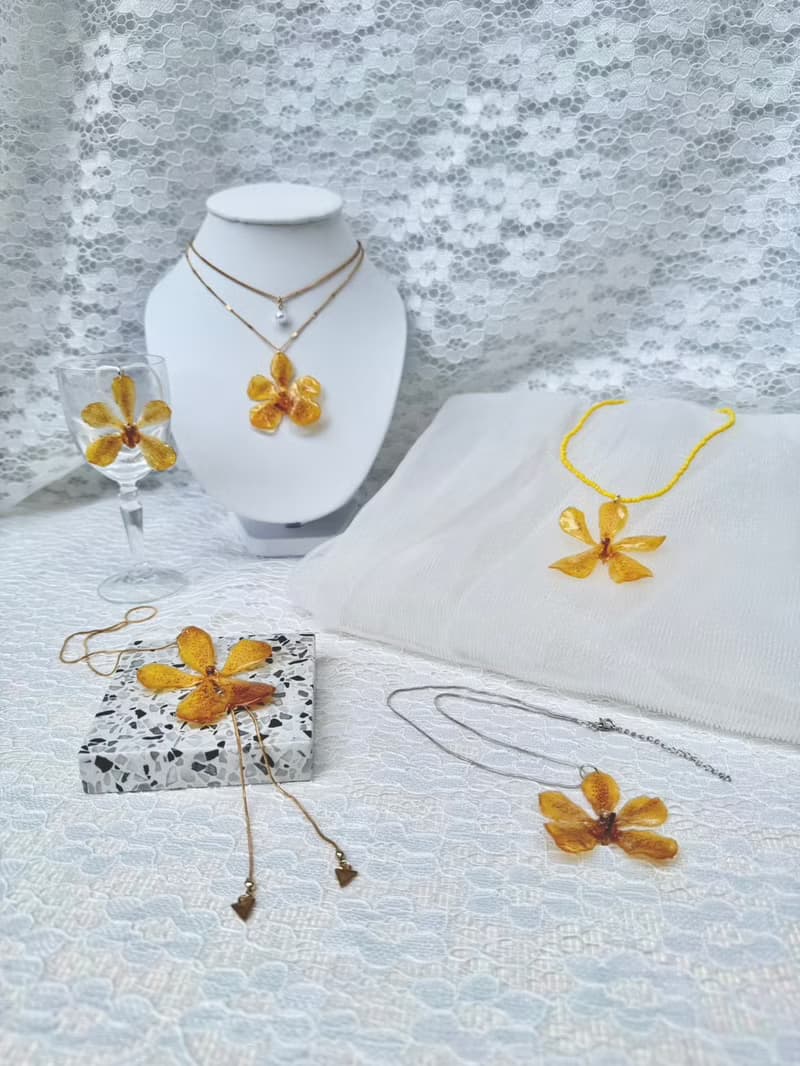 Yellow Mokara Orchid Necklace and Yellow Bead Necklace